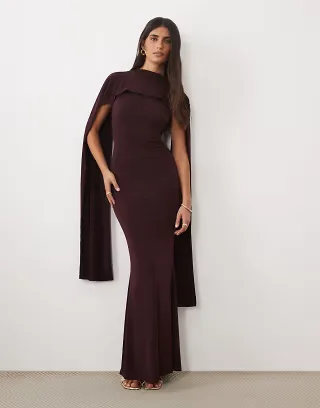 ASOS DESIGN slinky sleeveless maxi dress with extreme cape shoulder detail in dark plum