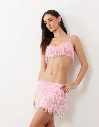 Oh Polly tiered embellished mini skirt in pink - part of a set