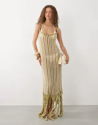 ASOS DESIGN Tara tassel macramé beach maxi dress in lime stripes