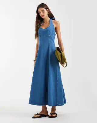 ASOS DESIGN halter neck maxi dress in indigo wash