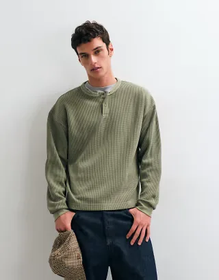 ASOS DESIGN super heavyweight boxy oversized long sleeve t-shirt with henley neck in khaki washed waffle