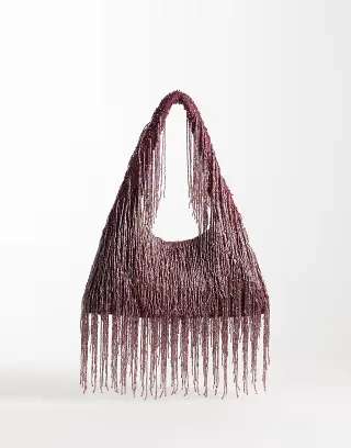 ASOS DESIGN Premium fringed embellished shoulder bag in burgundy