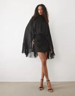 ASOS DESIGN Tall shoulder pads tie neck fringed sleeves mini dress in black