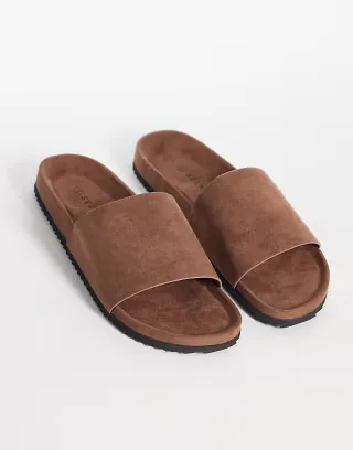 SEQWL Marina slides in chocolate faux suede