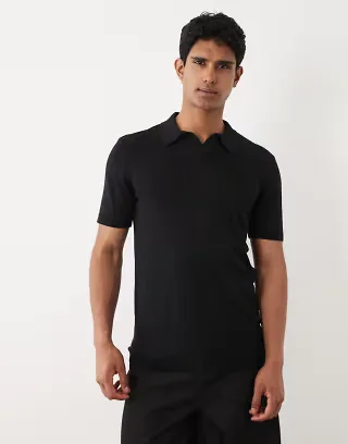 BLEND cotton-mix knit regular fit open collar polo in black