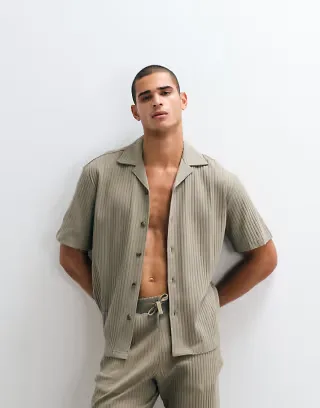Selected ribbed short sleeve shirt in khaki -set