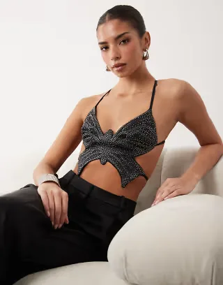 Oh Polly embellished halter neck cut out tie back top in black
