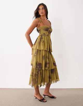 ASOS DESIGN tiered printed mesh midaxi dress