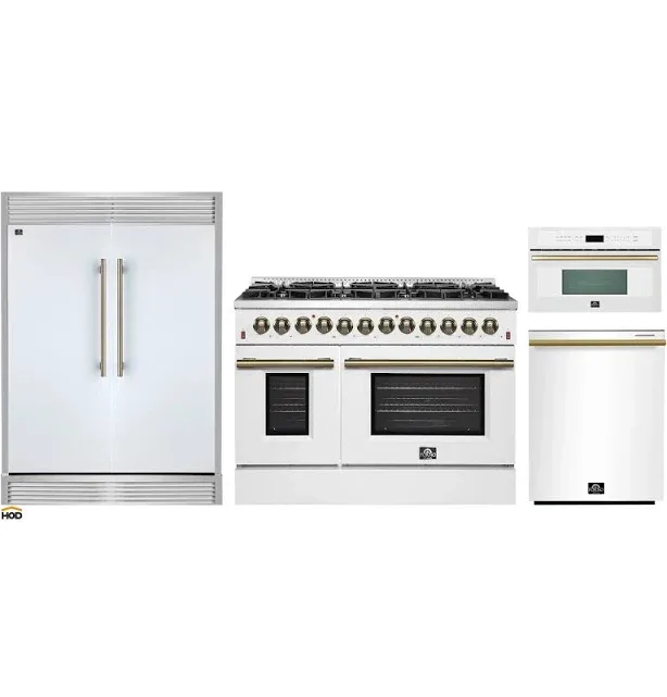 Forno 4-Piece Appliance Package - 48-Inch Galiano Dual Fuel Range, 60-Inch Refrigerator, Dishwasher, & 30-Inch Microwave