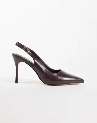 SEQWL sling back pointed stiletto heeled shoes in brown faux leather