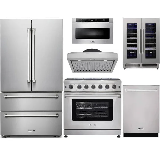 Thor Kitchen 6-Piece Appliance Package - 36-Inch Gas Range, French Door Refrigerator, Under Cabinet Hood, Dishwasher, Mi