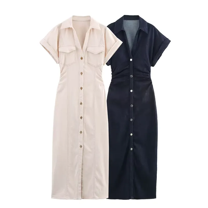 Women's Casual Autumn Denim Long Dresses for Women 2025 New Fashion Ruched Short Sleeve Streetwear Midi Dress