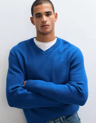 ASOS DESIGN relaxed knit high v-neck sweater in blue