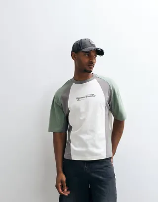ASOS DESIGN boxy oversized cut and sew T-shirt with chest graphic in white