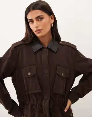 Good American faux leather collar field jacket in chocolate brown