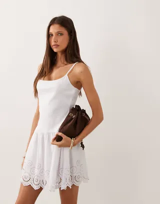 Mango 100% cotton strappy mini dress with embroidered skirt in white
