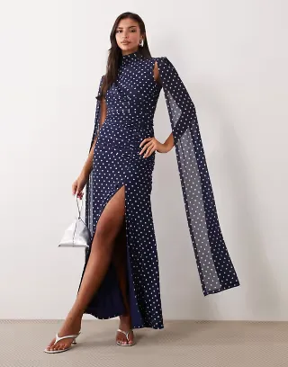 Ruched & Ready mesh high neck cape detail thigh split maxi dress in navy polka dot