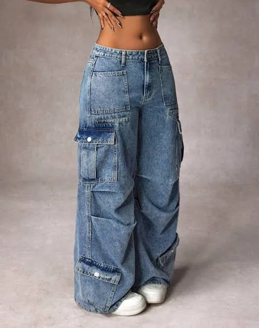 SHEIN Medium Wash Loose Fit Wide Leg Jeans Women's Baggy Flared Cargo Low Waist Y2K Millennial Casual Denim Straight Leg