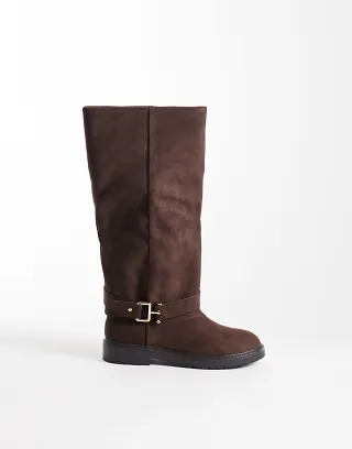 SEQWL Mickey faux suede buckle knee boots in chocolate brown