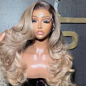 Glueless 13x4 Lace Front Wig, Rooted Ombre Honey Ash Blonde, Long Body Wave Human Hair, Preplucked Natural Hairline, Wea