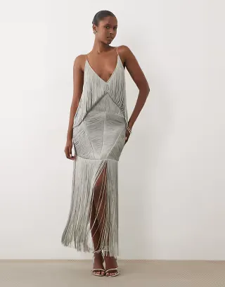 ASOS DESIGN draped fringe trim maxi dress in silver