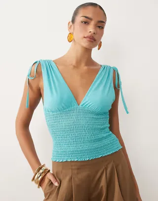 ASOS DESIGN mesh shirred plunge neck top in teal