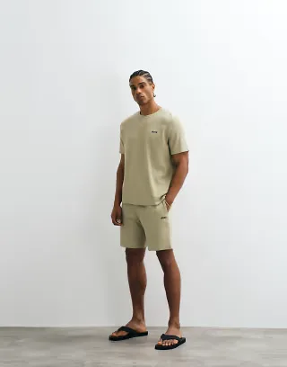 BOSS Bodywear waffle shorts with logo print in light khaki - part of a set