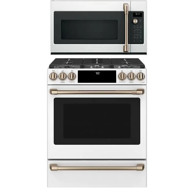 Cafe 2-Piece Kitchen Package with 30" Slide-In Gas Range and 1.7 Cu. Ft. Microwave Oven in Matte White