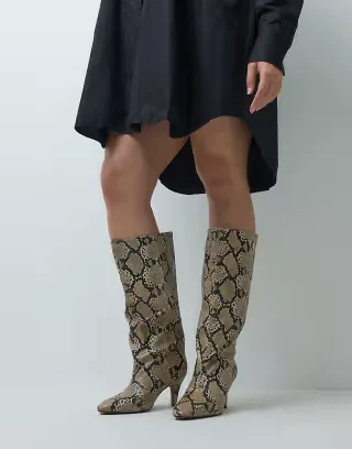 ASOS DESIGN Curve Contessa cone heel slouch knee boots in snake print
