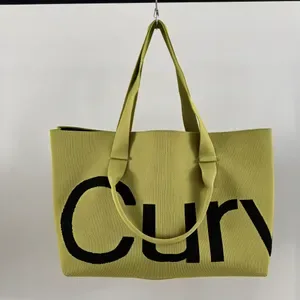 Womens Knitted Tote Bag with Letter Pattern - Wear-Resistant Large Capacity Shoulder Crossbody Purse, Solid Color Top Ha