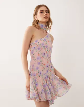 ASOS DESIGN one shoulder mini dress with scarf in multi floral print