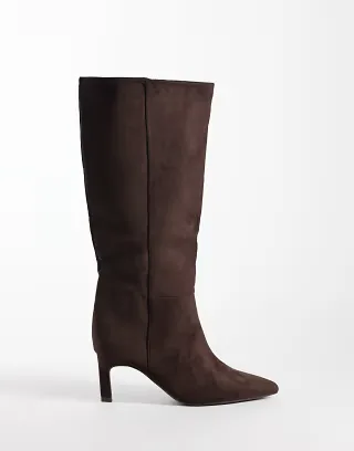 SEQWL Benz faux suede knee high kitten heel boots in chocolate brown