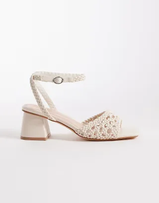 London Rebel Anita block heeled woven sandals in cream