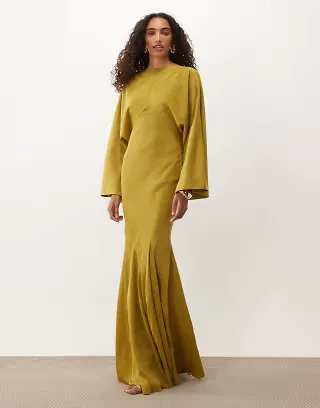 ASOS DESIGN Tall cape kimono sleeve maxi dress with godets and tassel tie detail in golden olive