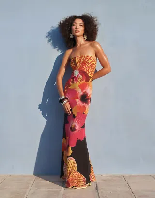 Kaiia exclusive slinky mesh bandeau fishtail maxi dress in black and pink orchid floral