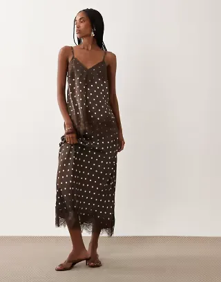 VILA lace trim satin set in cream and chocolate polka dots