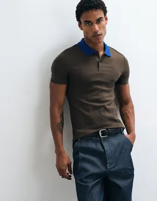 ASOS DESIGN muscle fit polo with contrast collar in brown wide rib