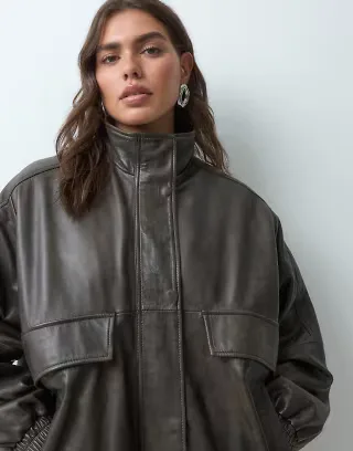 ASOS DESIGN Curve real leather oversized bomber jacket in washed brown