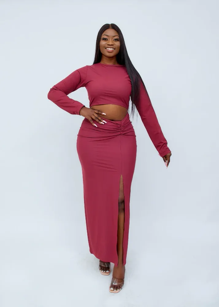 LONGSLEEVE SIDE RUCHED SLIT DRESS