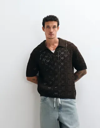 Reclaimed Vintage crochet knit shirt in chocolate brown
