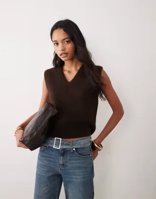 ARKET alpaca wool blend knit v-neck vest in dark brown