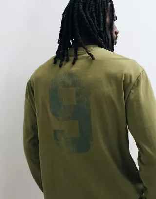 ASOS DESIGN boxy relaxed long sleeve t-shirt with number graphic in washed green