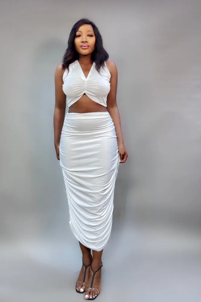 SLEEVELESS RUCHED CROP TOP AND SKIRT SET