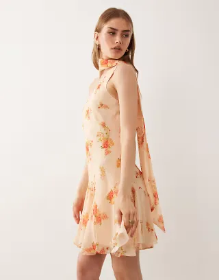 ASOS DESIGN one shoulder mini dress with scarf in orange floral print