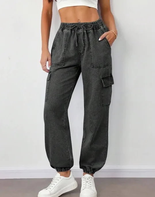SHEIN Women's Baggy Loose Relaxed Fit Tapered Leg Cargo Jeans