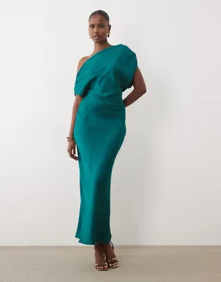 ASOS DESIGN one shoulder asymmetric satin maxi dress in teal green