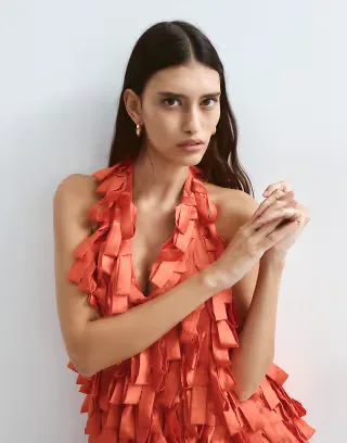 ARRANGE textural satin loop halter top in red