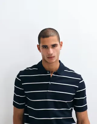 ARKET pure cotton short sleeve polo in navy striped print