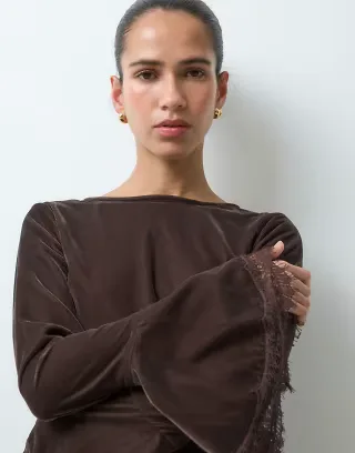 Reclaimed Vintage asymmetric velvet blouse with flare sleeve in chocolate