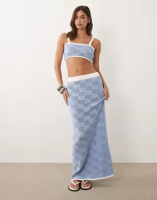 4th & Reckless x Elisa Levallois cotton blend mixed plaid crochet square neck beach crop top and skirt set in blue